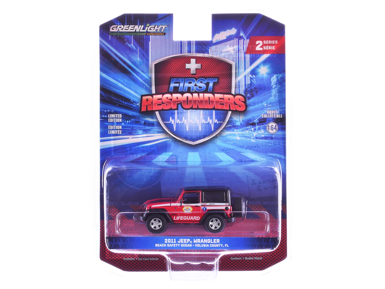 2011 Jeep Wrangler "Volusia County Florida Beach Safety Ocean Rescue Lifeguard/EMT" Red with White Stripes "First Responders" Series 2 1/64 Diecast Model Car by Greenlight Greenlight