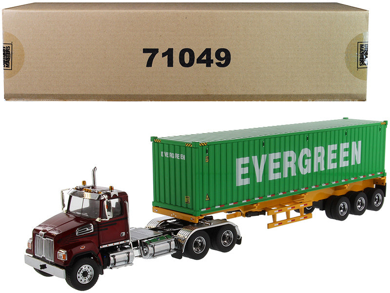 Western Star 4700 SB Tandem Truck Tractor Metallic Red with Skeleton Trailer and 40' Dry Goods Sea Container "EverGreen" "Transport Series" 1/50 Diecast Model by Diecast Masters Diecast Masters