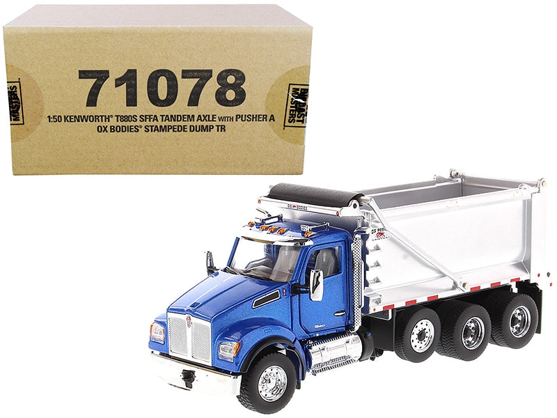 Kenworth T880S SFFA Tandem Axle with Pusher Axle OX Stampede Dump Truck Blue and Chrome "Transport Series" 1/50 Diecast Model by Diecast Masters Diecast Masters