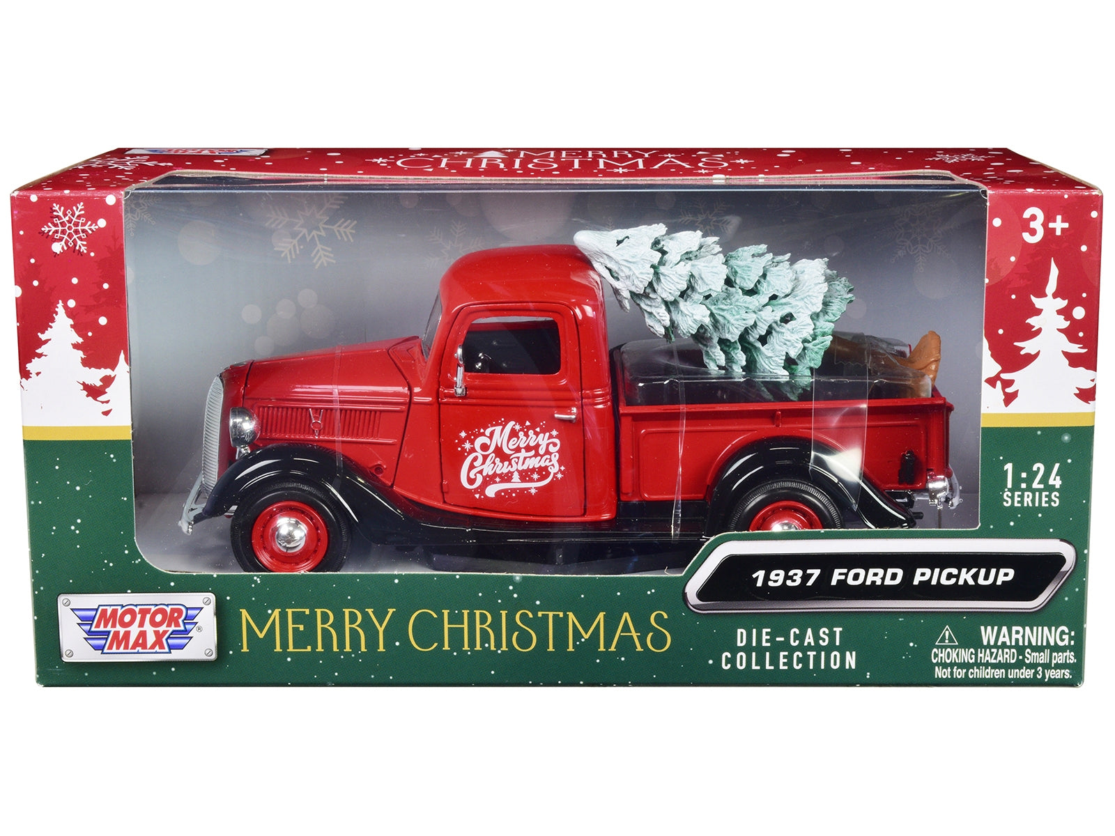 1937 Ford Pickup Truck Red and Black "Merry Christmas" with Tree Accessory 1/24 Diecast Model Car by Motormax Motormax