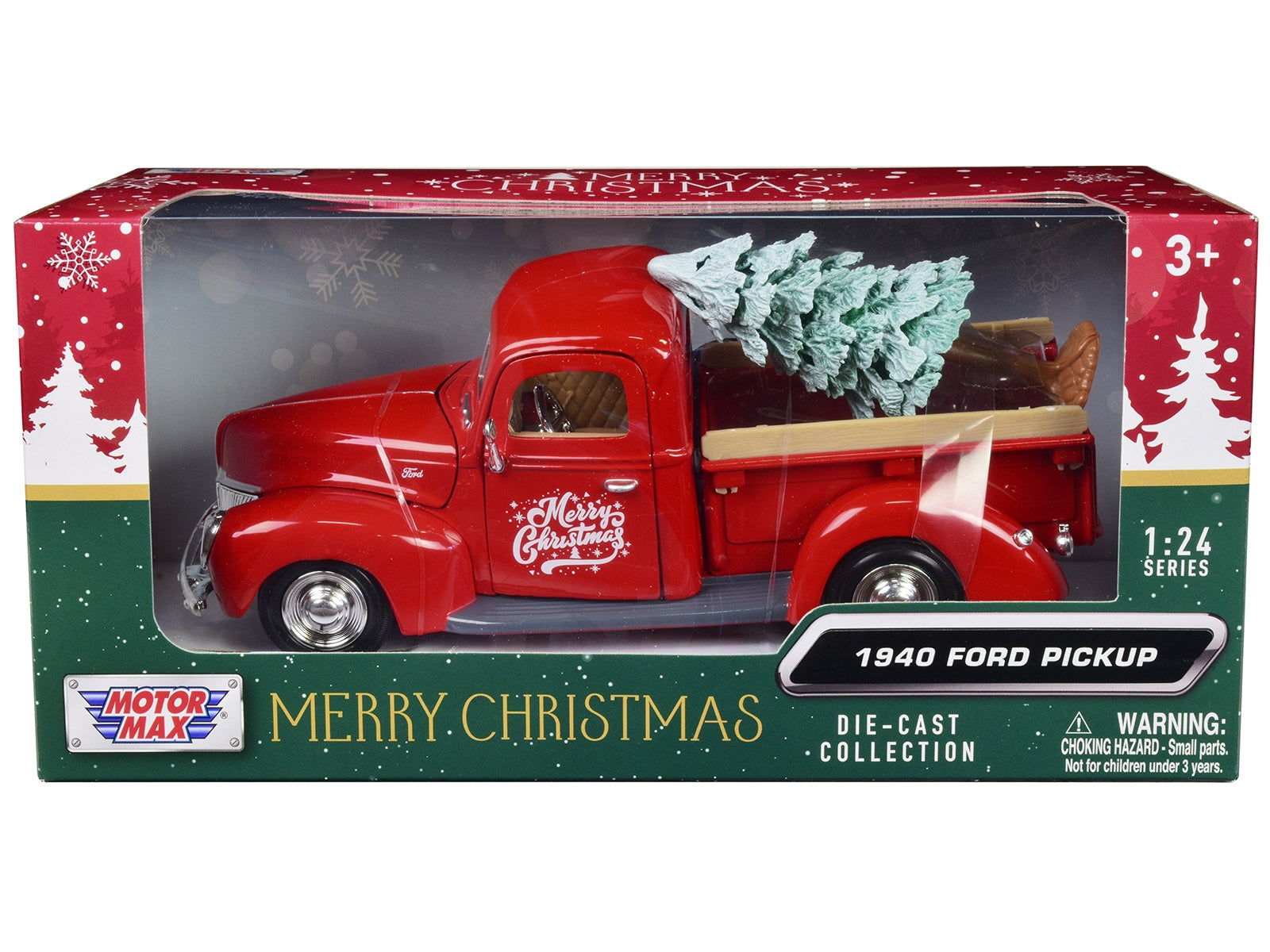 1940 Ford Pickup Truck Red "Merry Christmas" with Tree Accessory 1/24 Diecast Model Car by Motormax Motormax