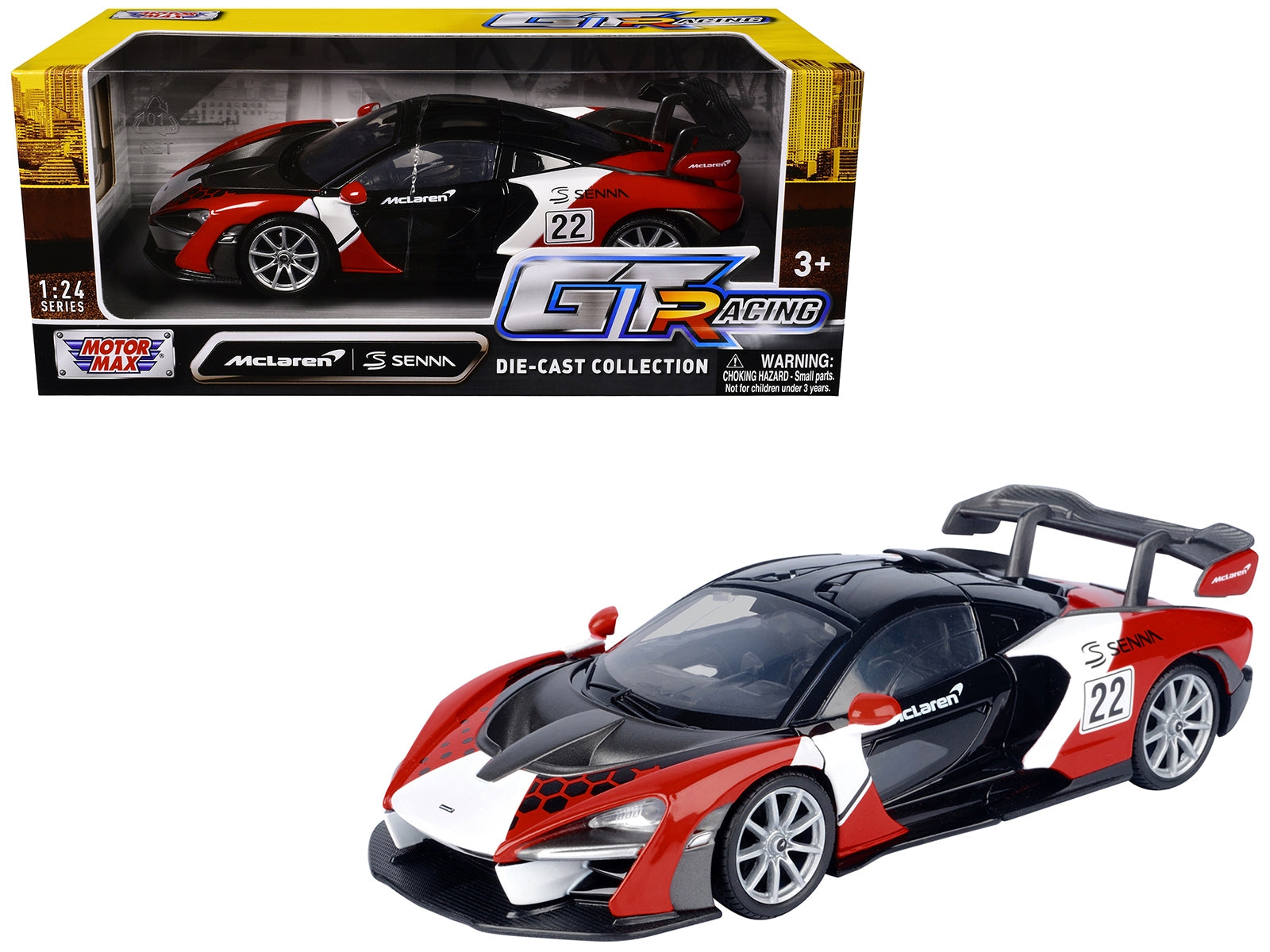 McLaren Senna #22 Black with Red and White Graphics "GT Racing" Series 1/24 Diecast Model Car by Motormax Motormax