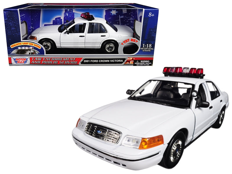 2001 Ford Crown Victoria Police Car Plain White with Flashing Light Bar and Front and Rear Lights and Sounds 1/18 Diecast Model Car by Motormax Motormax