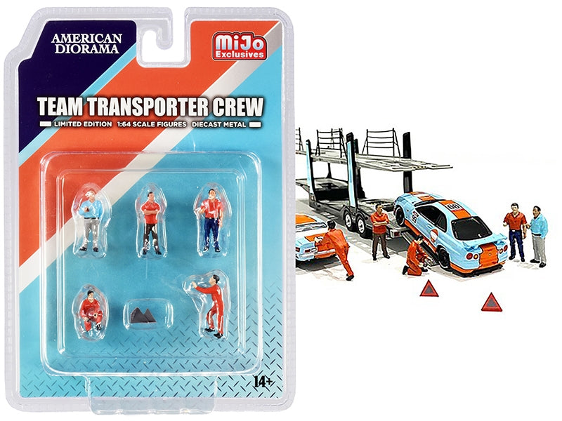 "Team Transporter Crew" Diecast Set of 6 pieces (5 Figurines and 2 Warning Triangles) for 1/64 Scale Models by American Diorama American Diorama