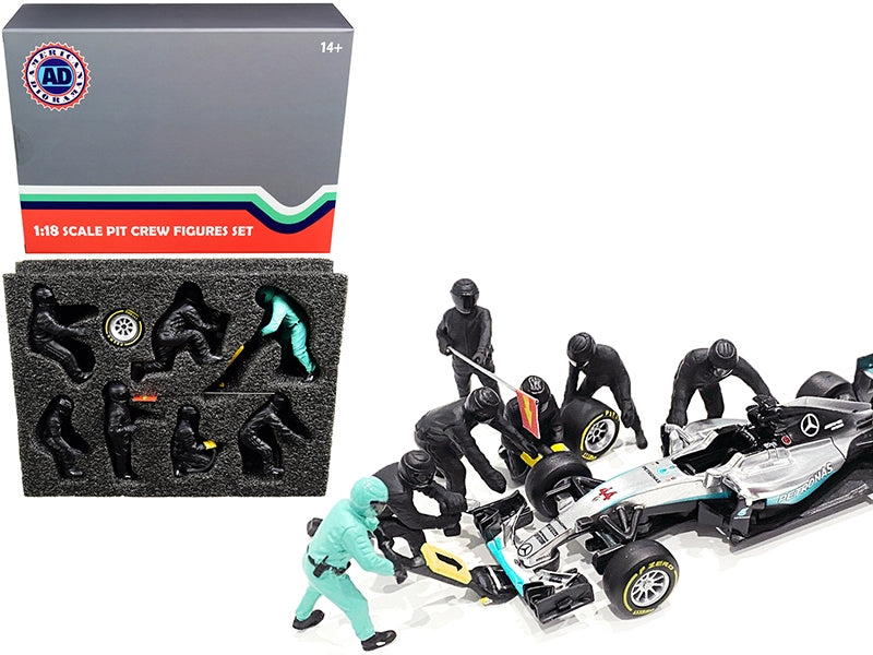 Formula One F1 Pit Crew 7 Figurine Set Team Black for 1/18 Scale Models by American Diorama American Diorama