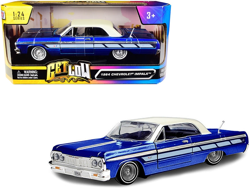 1964 Chevrolet Impala Lowrider Hard Top Candy Blue Metallic with Cream Top "Get Low" Series 1/24 Diecast Model Car by Motormax Motormax