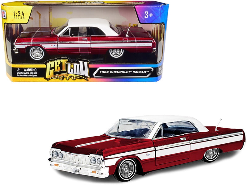 1964 Chevrolet Impala Lowrider Hard Top Candy Red Metallic with White Top "Get Low" Series 1/24 Diecast Model Car by Motormax Motormax