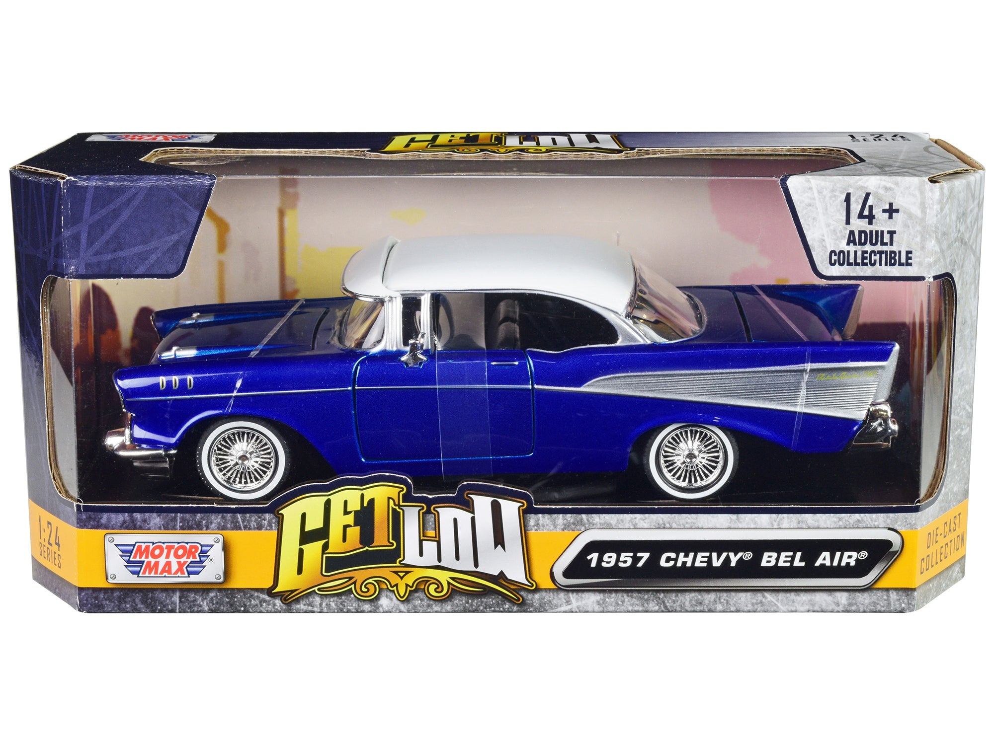 1957 Chevrolet Bel Air Lowrider Candy Blue with White Top "Get Low" Series 1/24 Diecast Model Car by Motormax Motormax