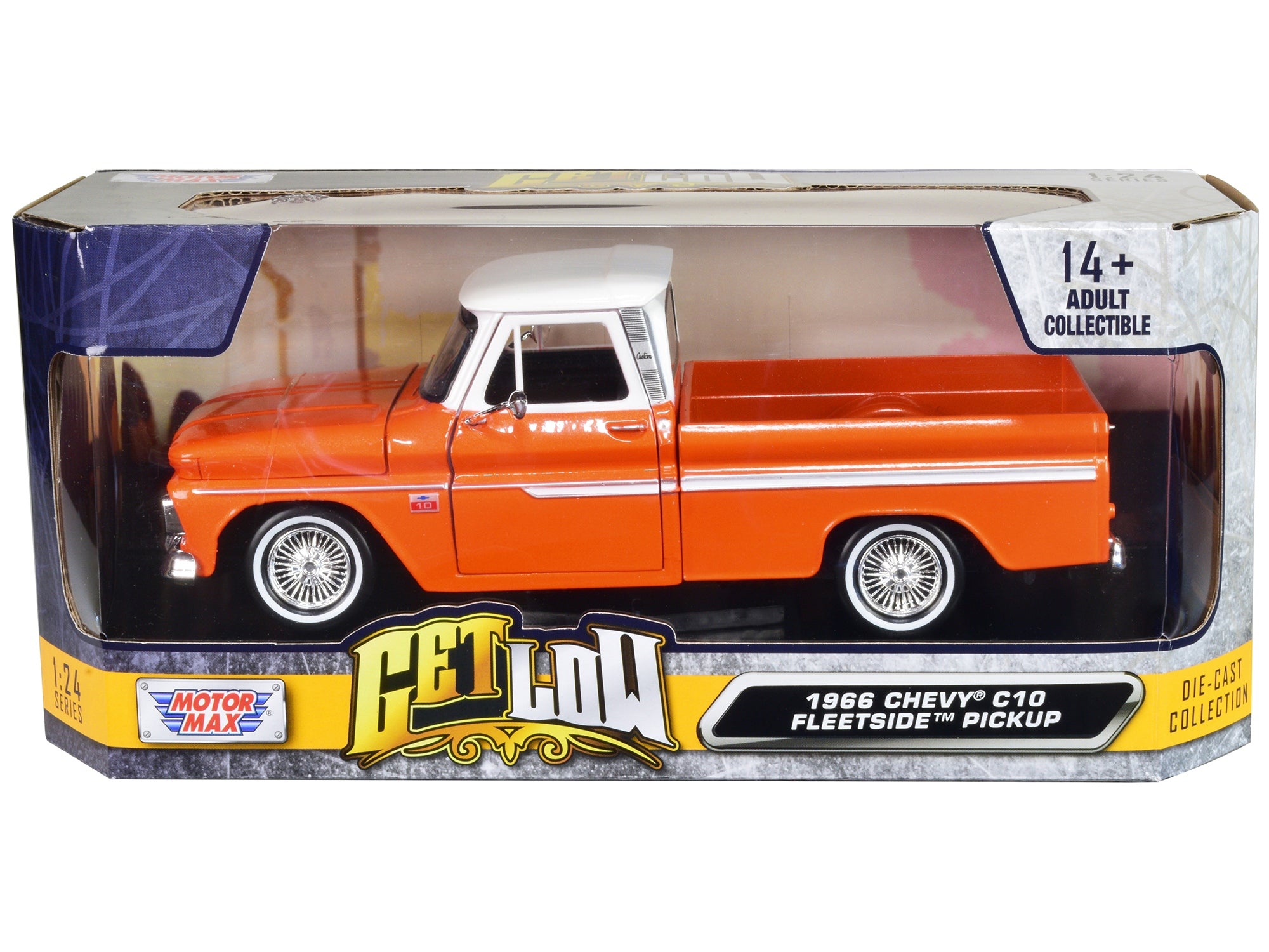 1966 Chevrolet C10 Fleetside Pickup Truck Lowrider Orange Metallic with White Top "Get Low" Series 1/24 Diecast Model Car by Motormax Motormax