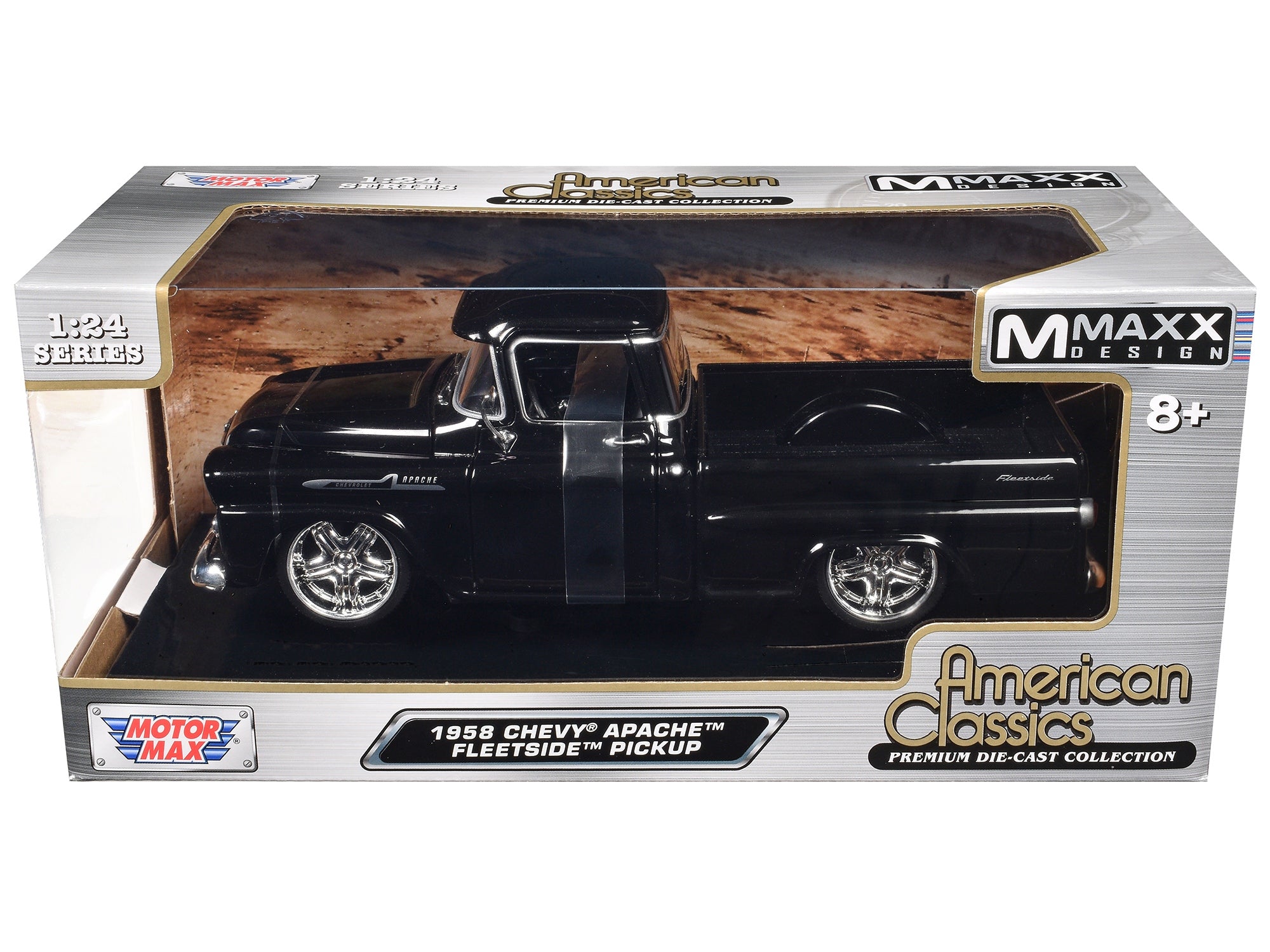 1958 Chevrolet Apache Fleetside Pickup Black "Maxx Design" "American Classics" Series 1/24 Diecast Model Car by Motormax Motormax