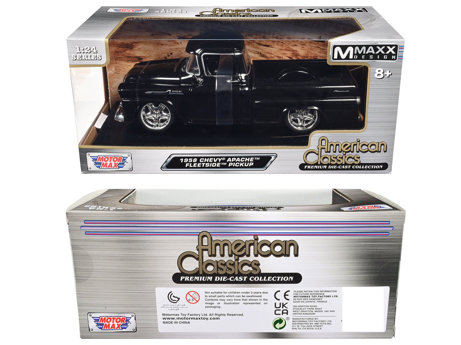 1958 Chevrolet Apache Fleetside Pickup Black "Maxx Design" "American Classics" Series 1/24 Diecast Model Car by Motormax Motormax