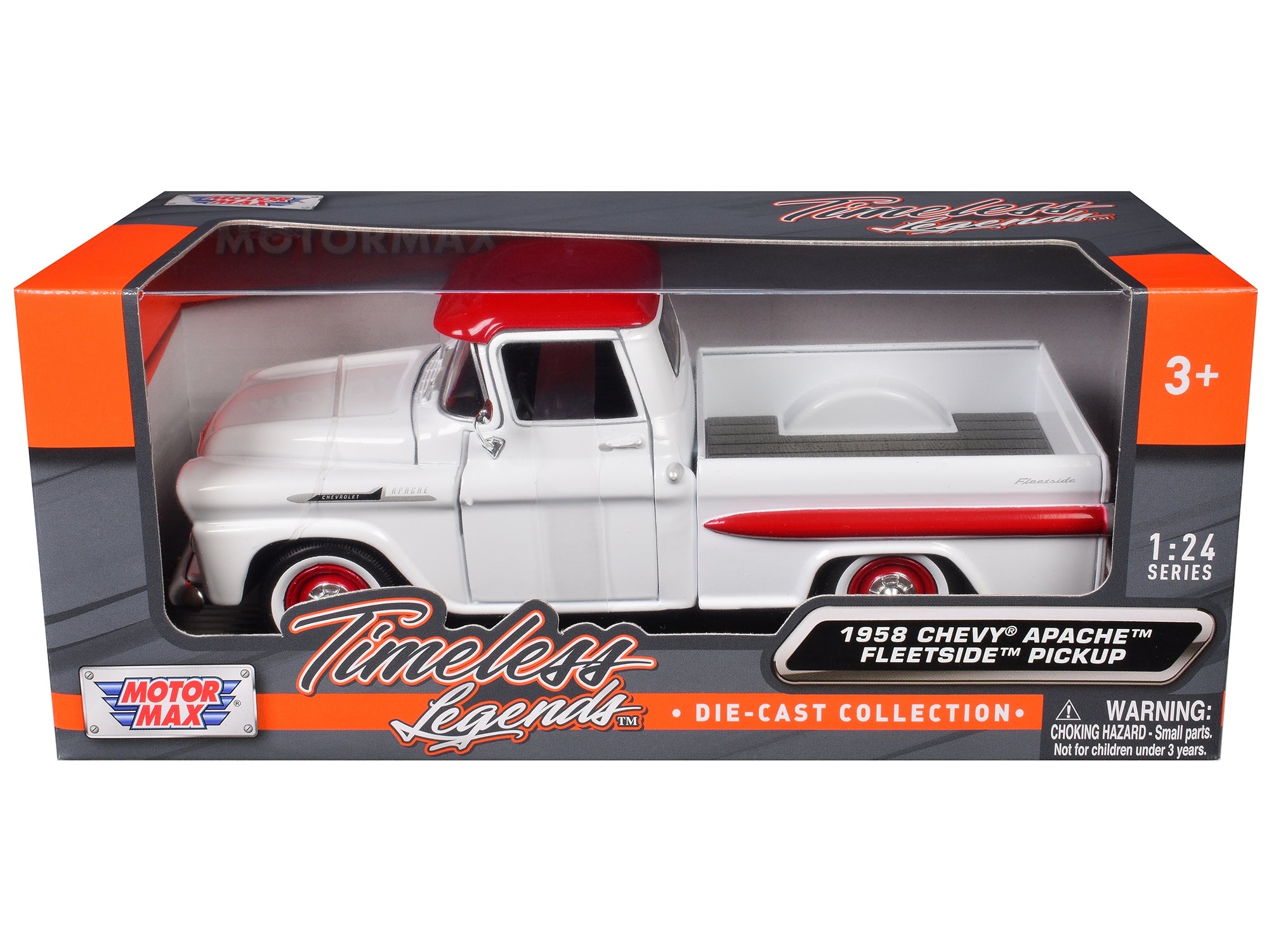 1958 Chevrolet Apache Fleetside Pickup Truck White with Red Top "Timeless Legends" Series 1/24 Diecast Model Car by Motormax Motormax