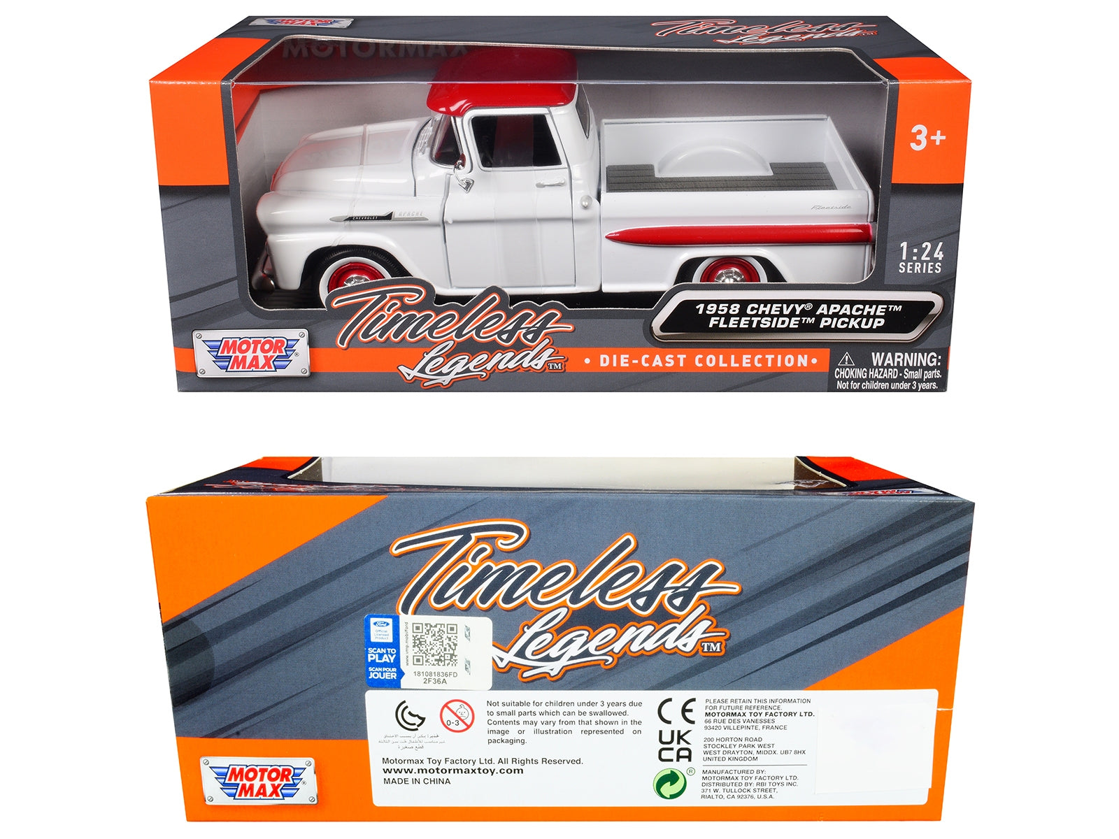 1958 Chevrolet Apache Fleetside Pickup Truck White with Red Top "Timeless Legends" Series 1/24 Diecast Model Car by Motormax Motormax