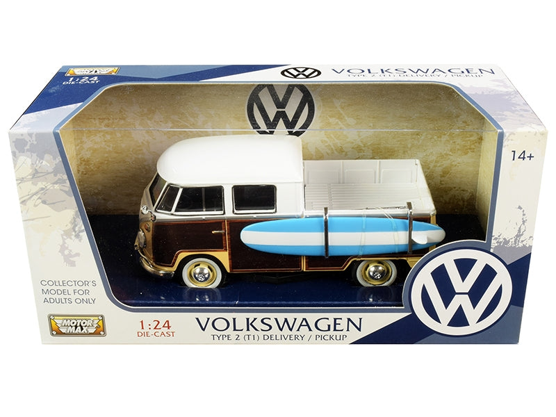 Volkswagen Type 2 (T1) Pickup White and Yellow with Wood Paneling with Surfboard 1/24 Diecast Model Car by Motormax Motormax