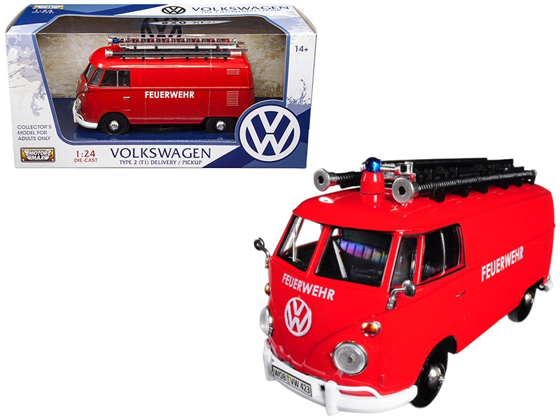 Volkswagen Type 2 (T1) Fire Van "Feuerwehr" Red 1/24 Diecast Model Car by Motormax Motormax