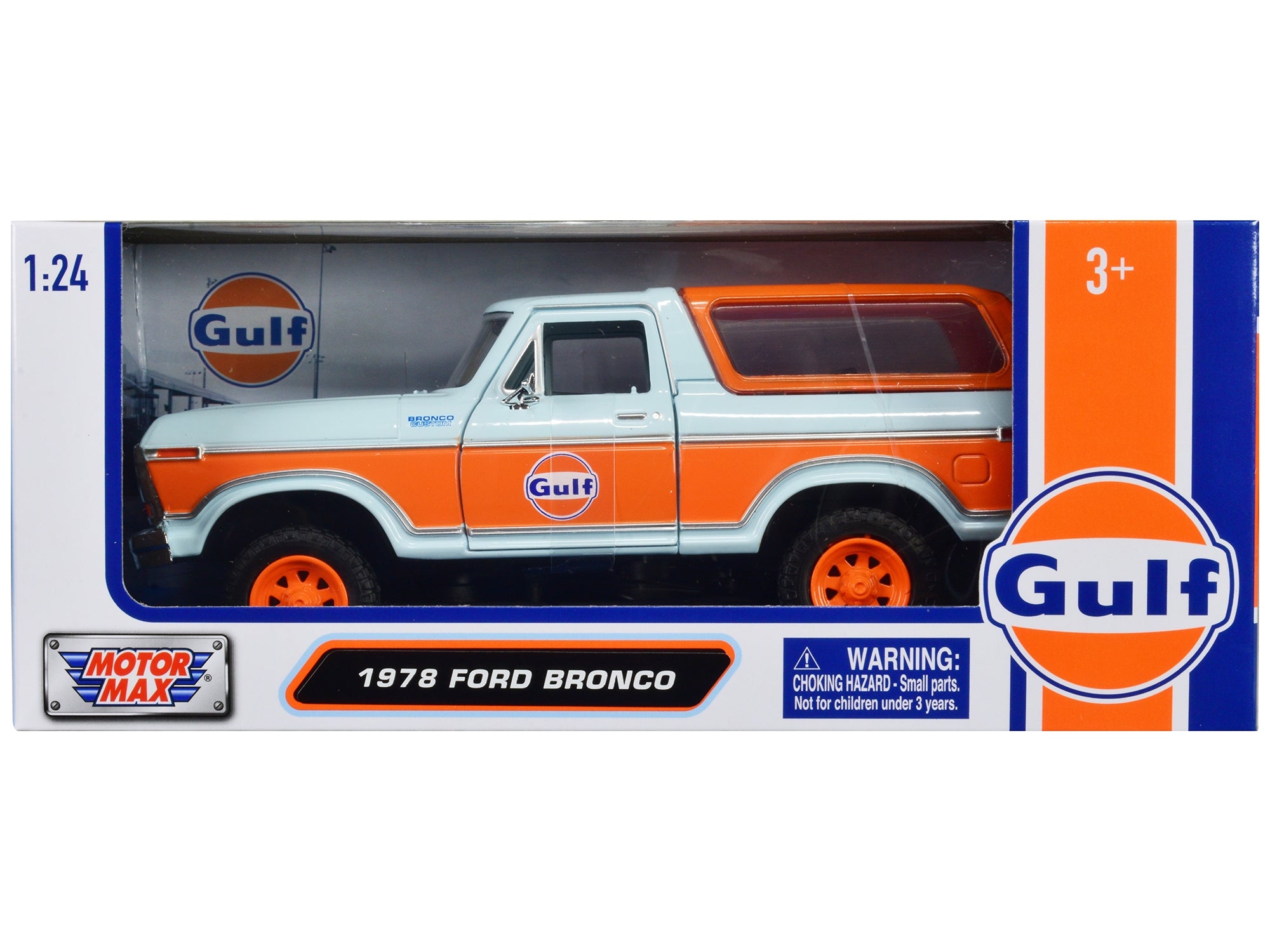 1978 Ford Bronco Light Blue and Orange "Gulf Oil" "Gulf Die-Cast Collection" 1/24 Diecast Model Car by Motormax Motormax