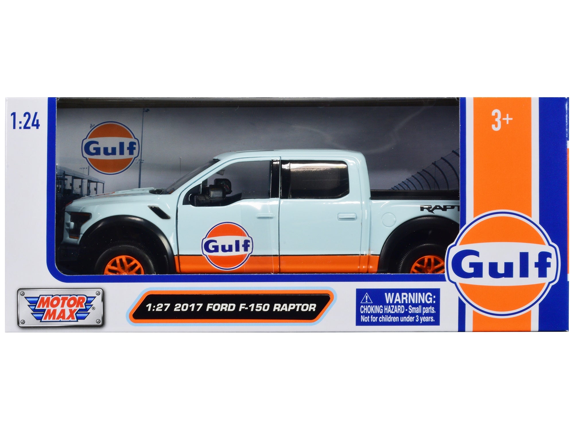 2017 Ford F-150 Raptor Pickup Truck Light Blue with Orange Stripes "Gulf Oil" "Gulf Die-Cast Collection" 1/27 Diecast Model Car by Motormax Motormax