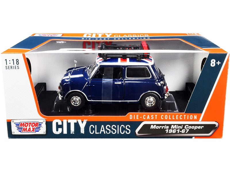 1961-1967 Morris Mini Cooper RHD (Right Hand Drive) Dark Blue with British Flag on the Top and Roof Rack "City Classics" Series 1/18 Diecast Model Car by Motormax Motormax