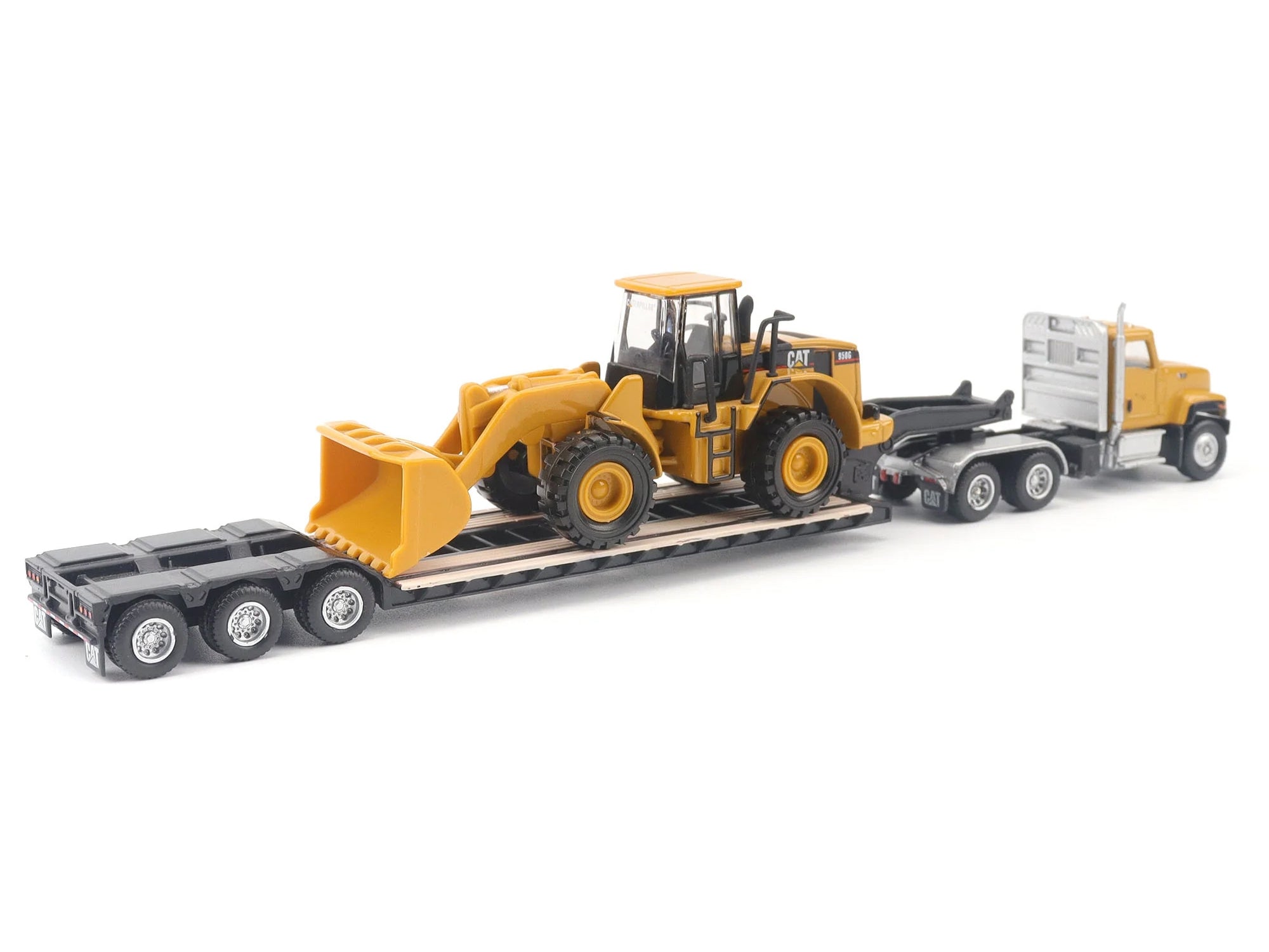 CAT Caterpillar CT681 Day Cab Tractor Yellow with Lowboy Trailer and CAT 950G Wheel Loader Yellow 1/87 (HO) Diecast Model by Diecast Masters Diecast Masters