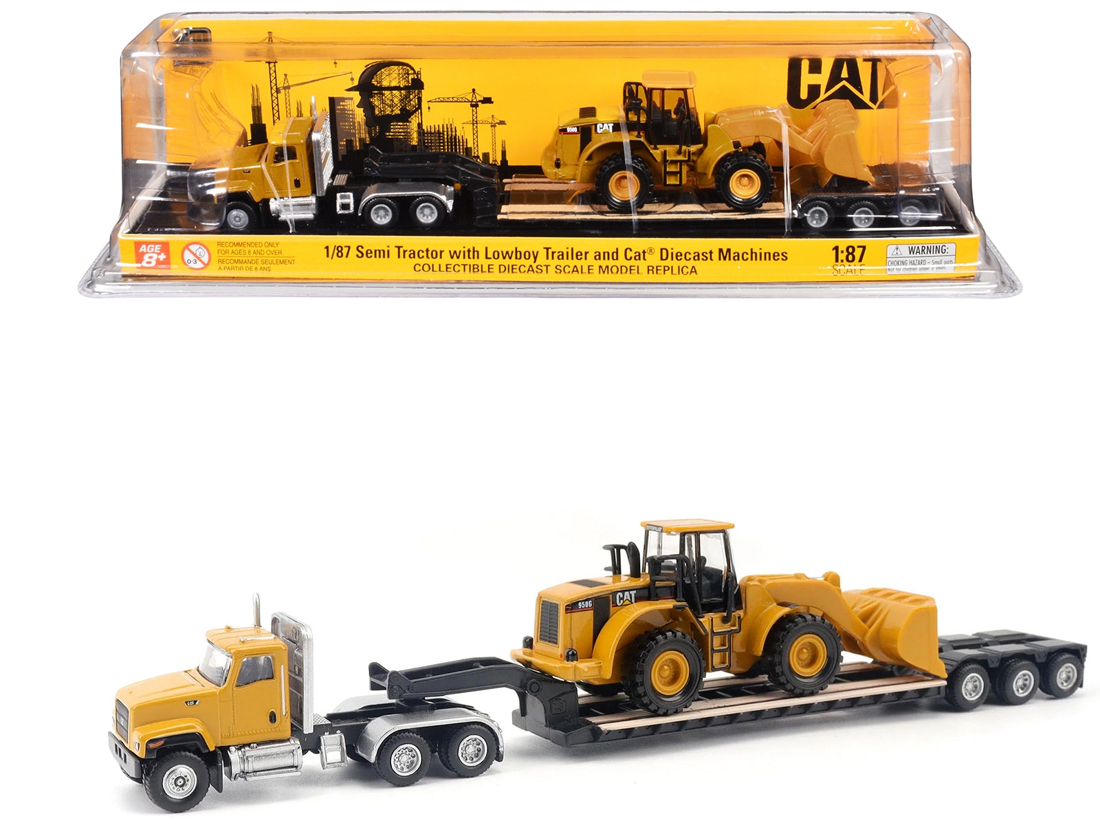 CAT Caterpillar CT681 Day Cab Tractor Yellow with Lowboy Trailer and CAT 950G Wheel Loader Yellow 1/87 (HO) Diecast Model by Diecast Masters Diecast Masters