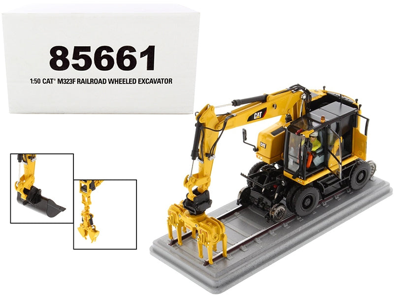 CAT Caterpillar M323F Railroad Wheeled Excavator with Operator and 3 Work Tools Safety Yellow Version "High Line Series" 1/50 Diecast Model by Diecast Masters Diecast Masters