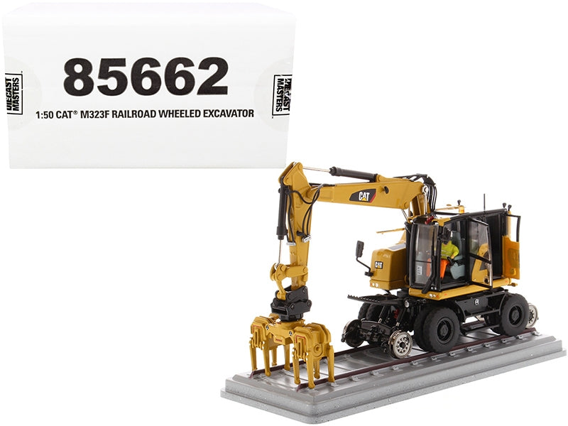 CAT Caterpillar M323F Railroad Wheeled Excavator with Operator and 3 Work Tools (CAT Yellow Version) "High Line Series" 1/50 Diecast Model by Diecast Masters Diecast Masters