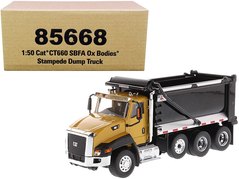 CAT Caterpillar CT660 SBFA with Ox Bodies Stampede Dump Truck Yellow and Black 1/50 Diecast Model by Diecast Masters Diecast Masters