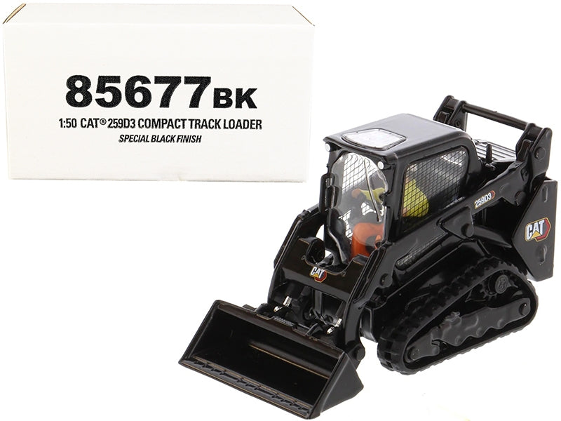 CAT Caterpillar 259D3 Compact Track Loader with Work Tools and Operator Special Black Paint "High Line Series" 1/50 Diecast Model by Diecast Masters Diecast Masters