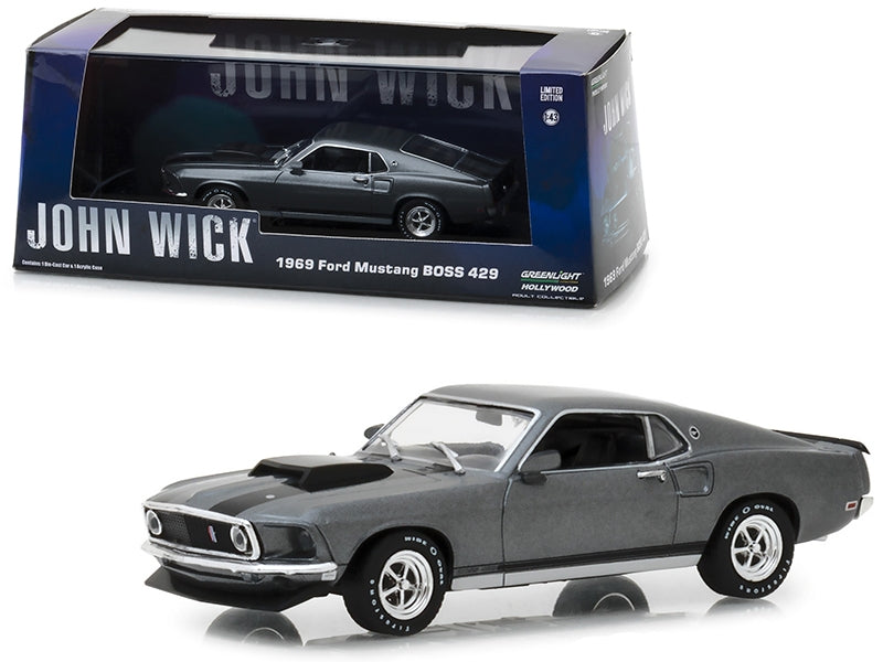 1969 Ford Mustang BOSS 429 Gray with Black Stripes "John Wick" (2014) Movie 1/43 Diecast Model Car by Greenlight Greenlight