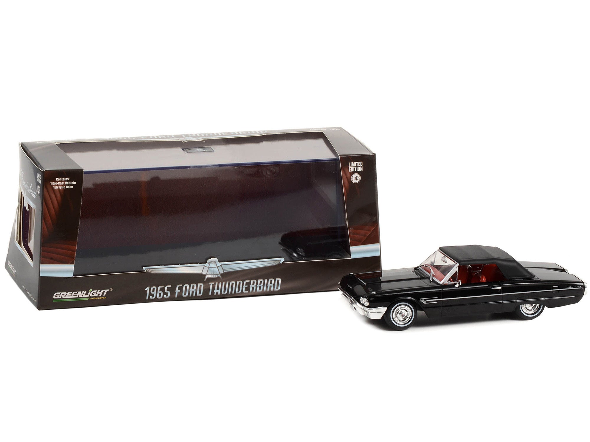 1965 Ford Thunderbird Convertible (Top-Up) Raven Black with Red Interior 1/43 Diecast Model Car by Greenlight Greenlight