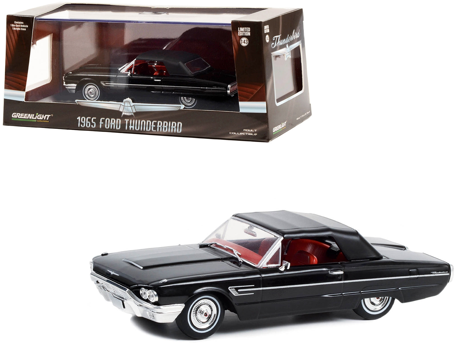 1965 Ford Thunderbird Convertible (Top-Up) Raven Black with Red Interior 1/43 Diecast Model Car by Greenlight Greenlight