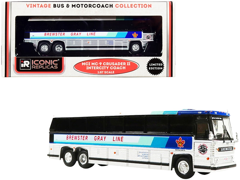 1980 MCI MC-9 Crusader II Intercity Coach Bus "Brewster Gray Line" (Canada) White and Silver with Stripes "Vintage Bus & Motorcoach Collection" 1/87 (HO) Diecast Model by Iconic Replicas Iconic Replicas