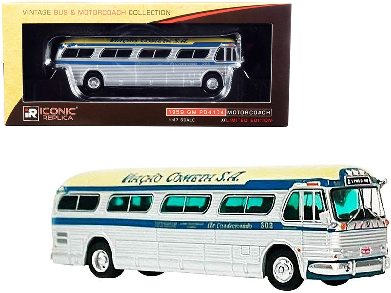 1959 GM PD4104 Motorcoach Bus "S. Paulo - Rio" "Viacao Cometa S.A." (Brazil) Silver and Cream with Blue Stripes "Vintage Bus & Motorcoach Collection" 1/87 (HO) Diecast Model by Iconic Replicas Iconic Replicas