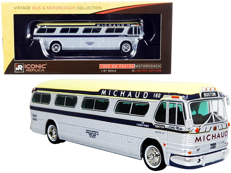 1959 GM PD4104 Motorcoach Bus "Boston" "Michaud Lines" Silver and Cream with Dark Blue Stripes "Vintage Bus & Motorcoach Collection" 1/87 (HO) Diecast Model by Iconic Replicas Iconic Replicas