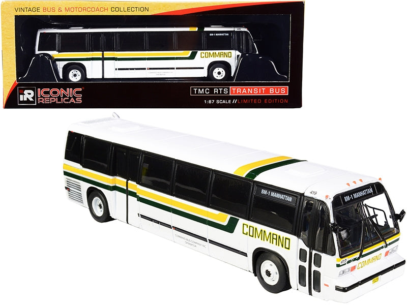 1999 TMC RTS Transit Bus #BM1 Manhattan (New York) "Command Bus Company" White with Yellow and Green Stripes "The Vintage Bus & Motorcoach Collection" 1/87 (HO) Diecast Model by Iconic Replicas Iconic Replicas