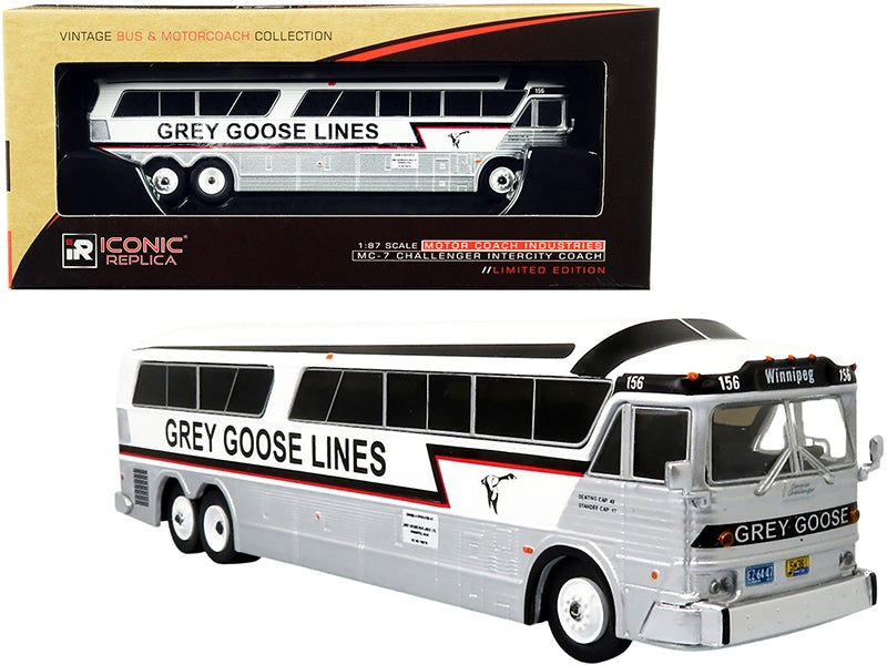 MCI MC-7 Challenger Intercity Coach "Grey Goose Lines" Winnipeg (Canada) White and Silver with Stripes "Vintage Bus & Motorcoach Collection" 1/87 (HO) Diecast Model by Iconic Replicas Iconic Replicas