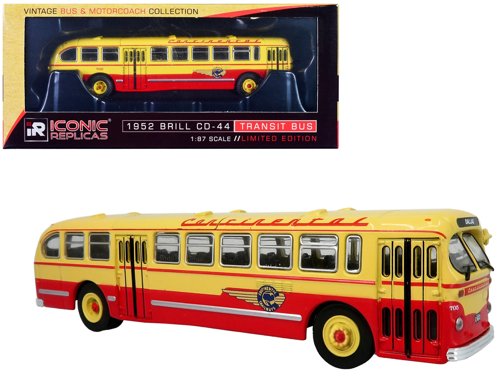 1952 CCF-Brill CD-44 Transit Bus Continental Trailways "Dallas" "Vintage Bus & Motorcoach Collection" 1/87 (HO) Diecast Model by Iconic Replicas Iconic Replicas