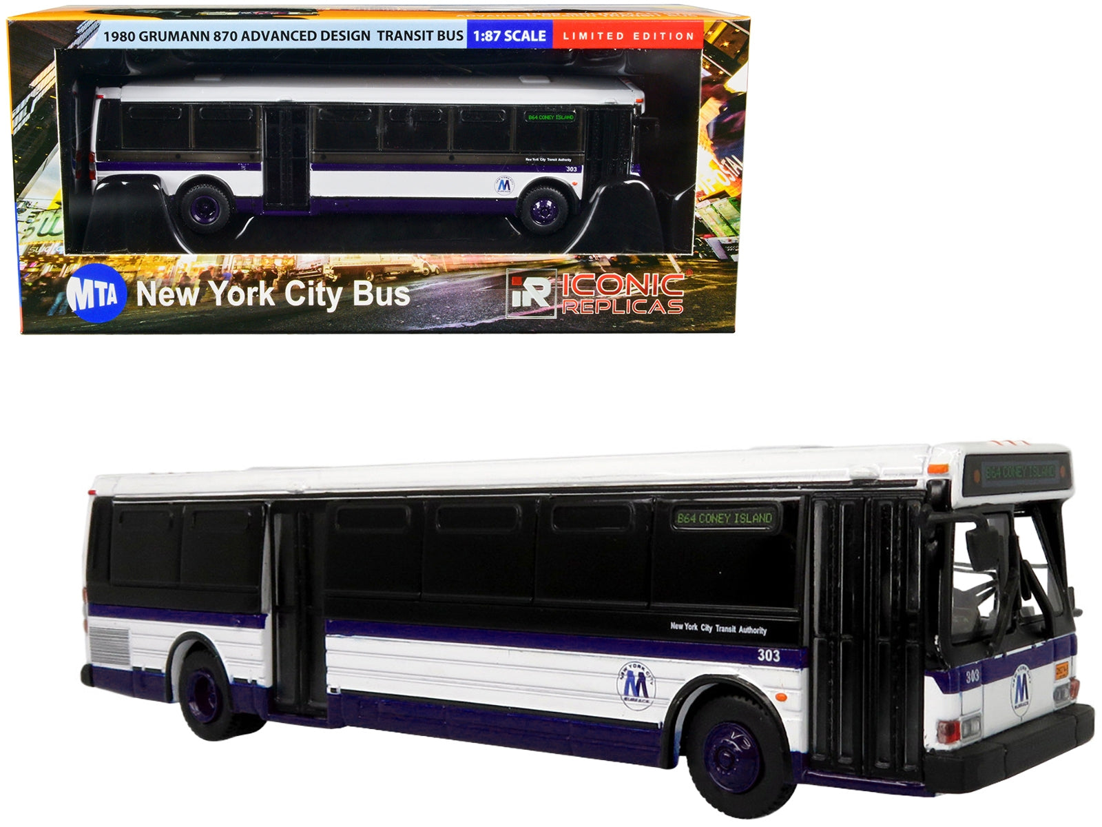 1980 Grumman 870 Advanced Design Transit Bus MTA New York City Bus "B64 Coney Island" "Vintage Bus & Motorcoach Collection" 1/87 Diecast Model by Iconic Replicas Iconic Replicas