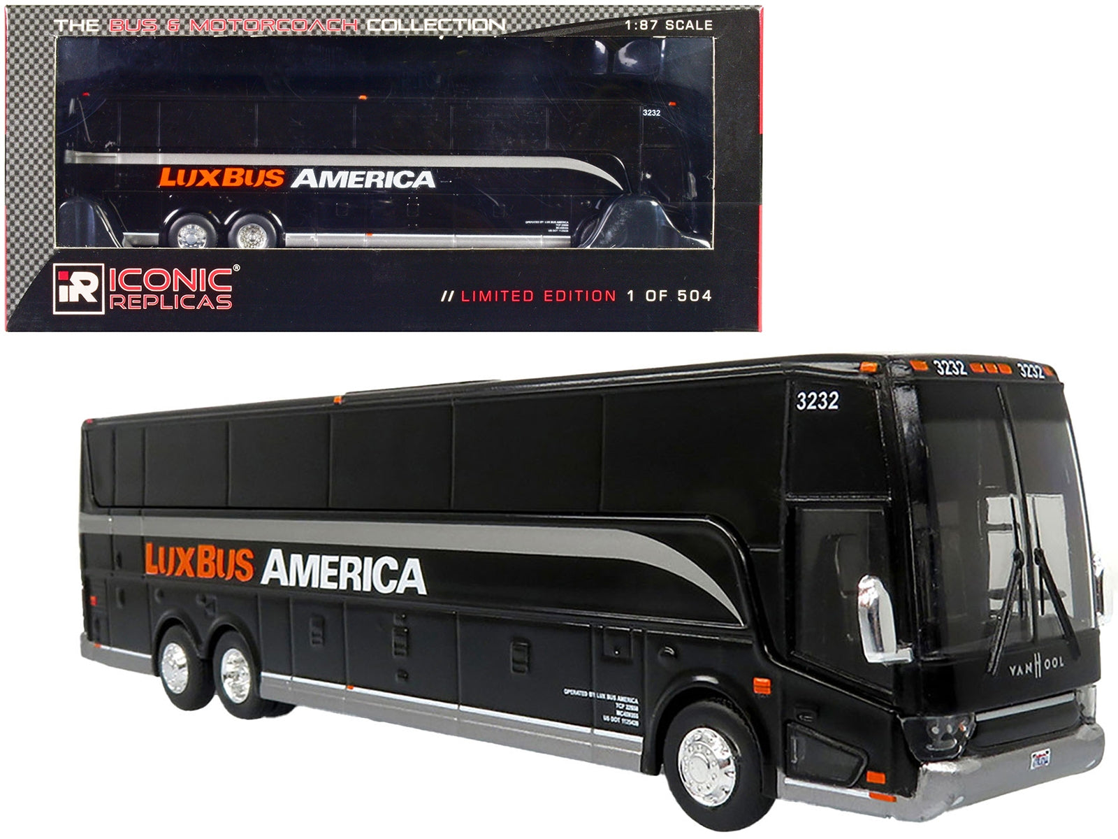 Van Hool TX45 Coach Bus "Lux Bus America" Black "The Bus & Motorcoach Collection" Limited Edition to 504 pieces Worldwide 1/87 (HO) Diecast Model by Iconic Replicas Iconic Replicas