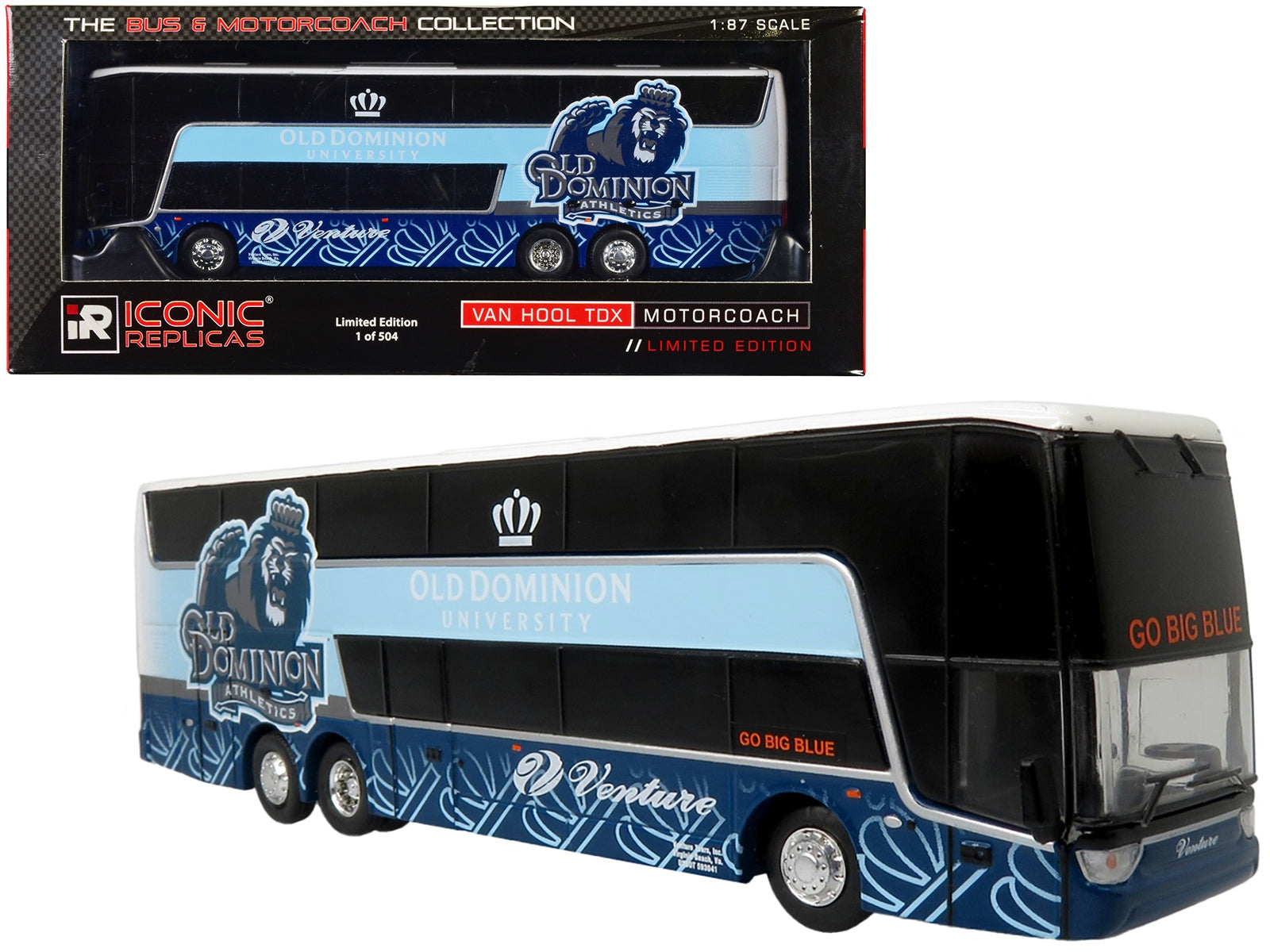 Van Hool TDX Double Decker Coach Bus "Old Dominion University - Venture Tours" "Go Big Blue" "The Bus & Motorcoach Collection" Limited Edition to 504 pieces Worldwide 1/87 (HO) Diecast Model by Iconic Replicas Iconic Replicas