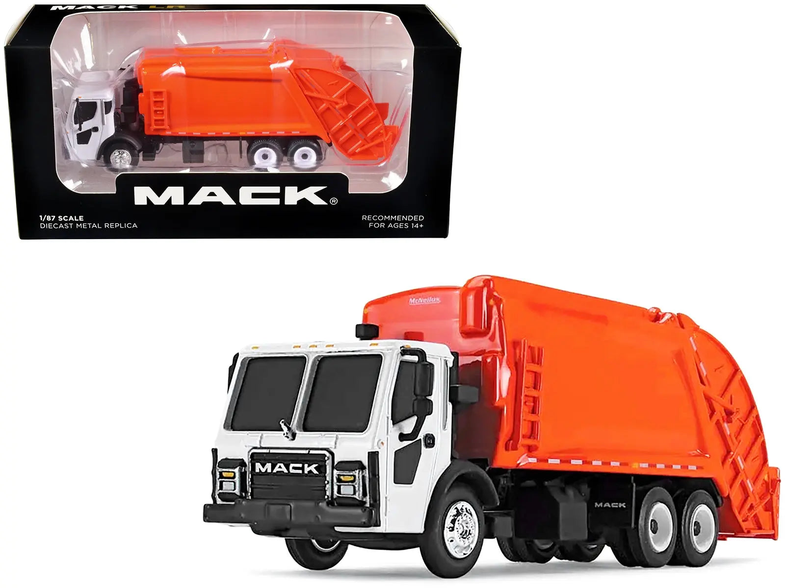Mack LR with McNeilus Rear Load Refuse Body Orange and White 1/87 (HO) Diecast Model by First Gear First Gear