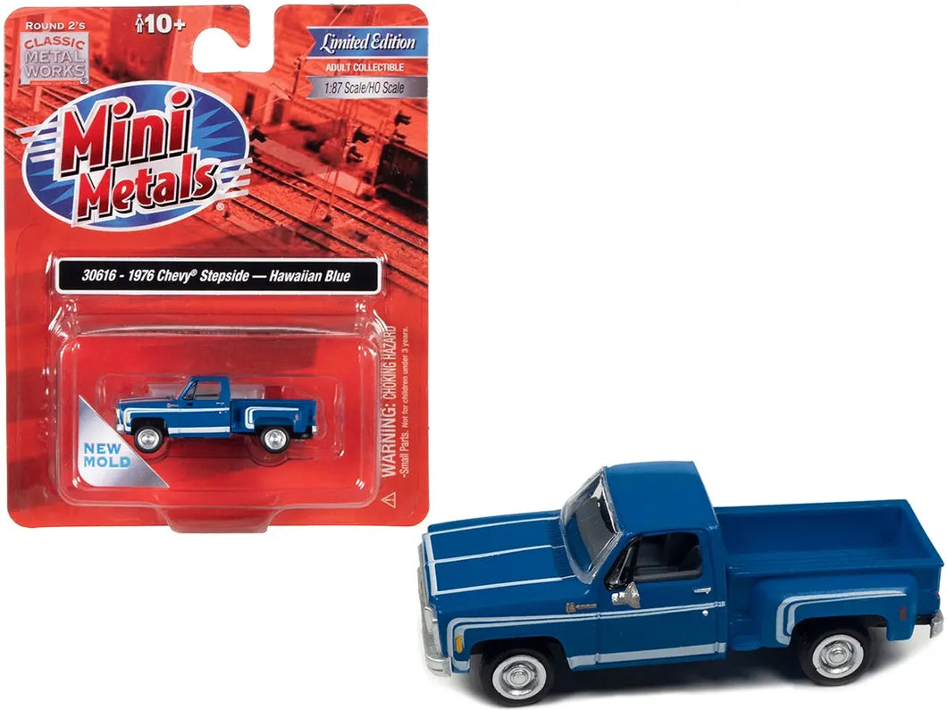 1976 Chevrolet Stepside Pickup Truck Hawaiian Blue with White Stripes 1/87 (HO) Scale Model Car by Classic Metal Works Classic Metal Works