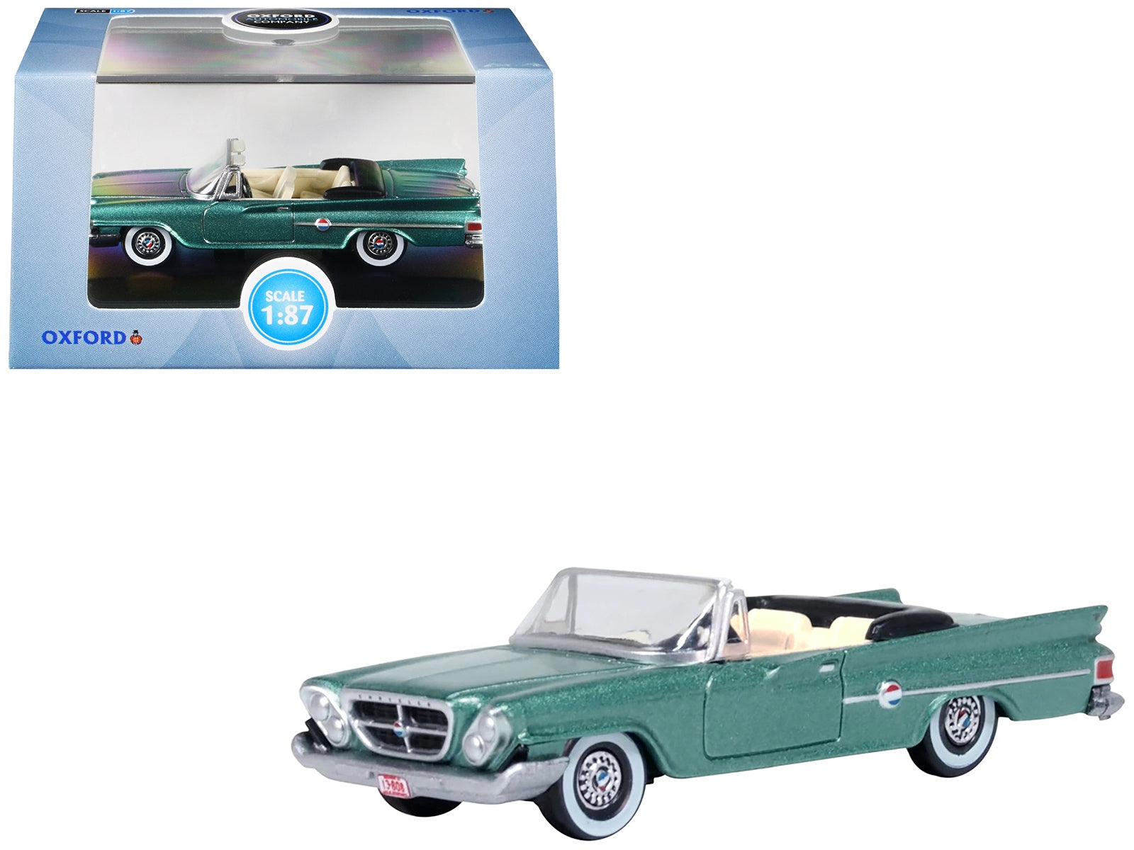 1961 Chrysler 300 Convertible Pinewood Green Metallic 1/87 (HO) Scale Diecast Model Car by Oxford Diecast Oxford Diecast