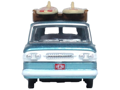 1961 Chevrolet Corvair Greenbrier Passenger Wagon Van Turquoise Metallic and Cameo White with Surfboards on Roof 1/87 (HO) Scale Diecast Model Car by Oxford Diecast Oxford Diecast