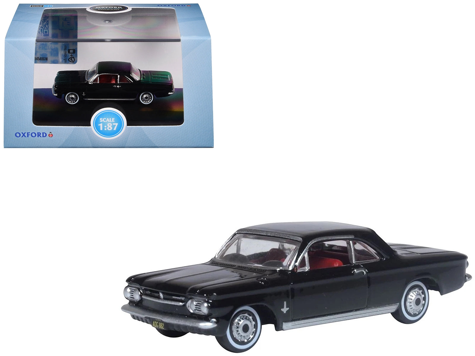 1963 Chevrolet Corvair Coupe Tuxedo Black with Red Interior  1/87 (HO) Scale Diecast Model Car by Oxford Diecast Oxford Diecast