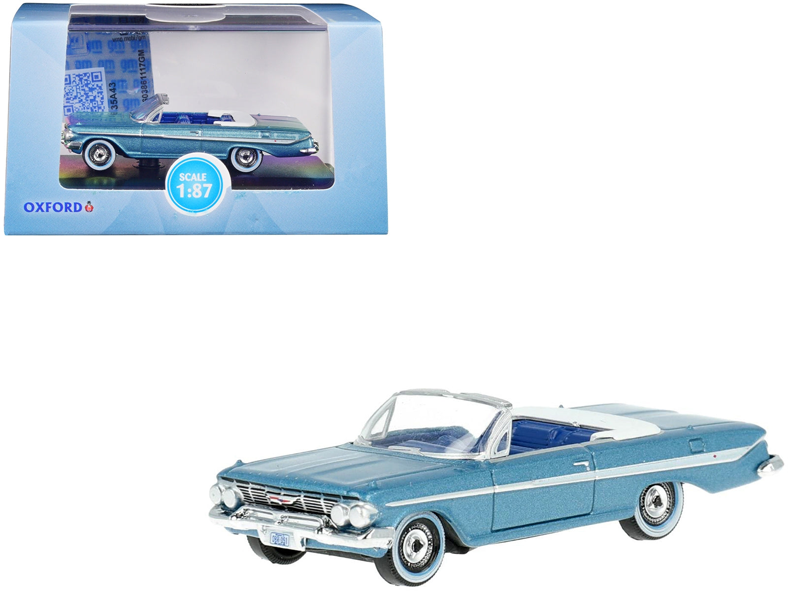 1961 Chevrolet Impala Convertible Jewel Blue Metallic and White with Blue Interior 1/87 (HO) Scale Diecast Model Car by Oxford Diecast Oxford Diecast