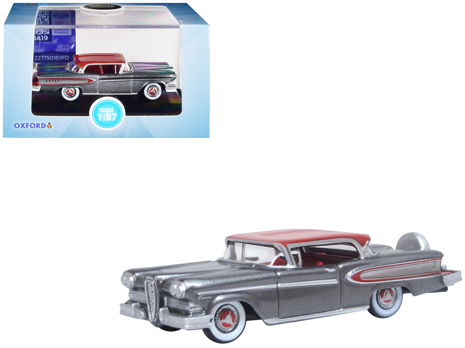 1958 Edsel Citation Silver Gray Metallic with Ember Red Top and Red Interior 1/87 (HO) Scale Diecast Model Car by Oxford Diecast Oxford Diecast