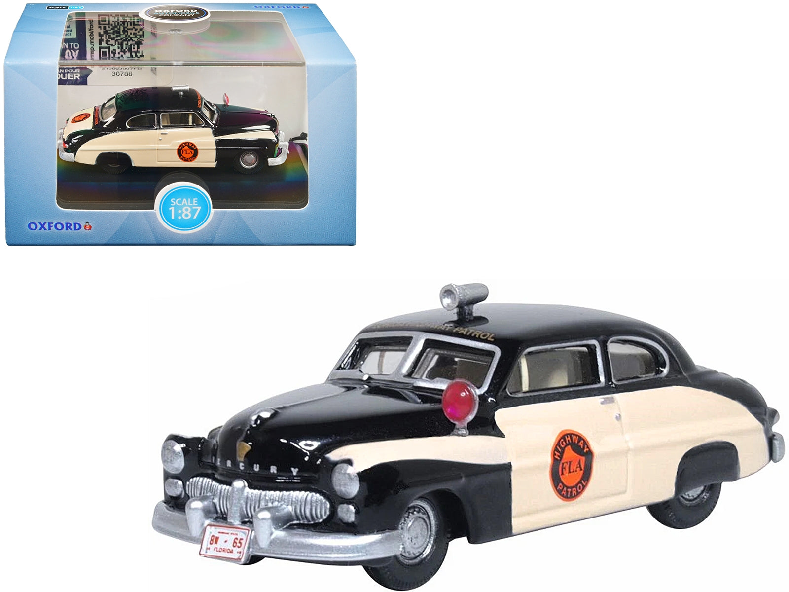 1949 Mercury Monarch Police Black and White "Florida Highway Patrol" 1/87 (HO) Scale Diecast Model Car by Oxford Diecast Oxford Diecast