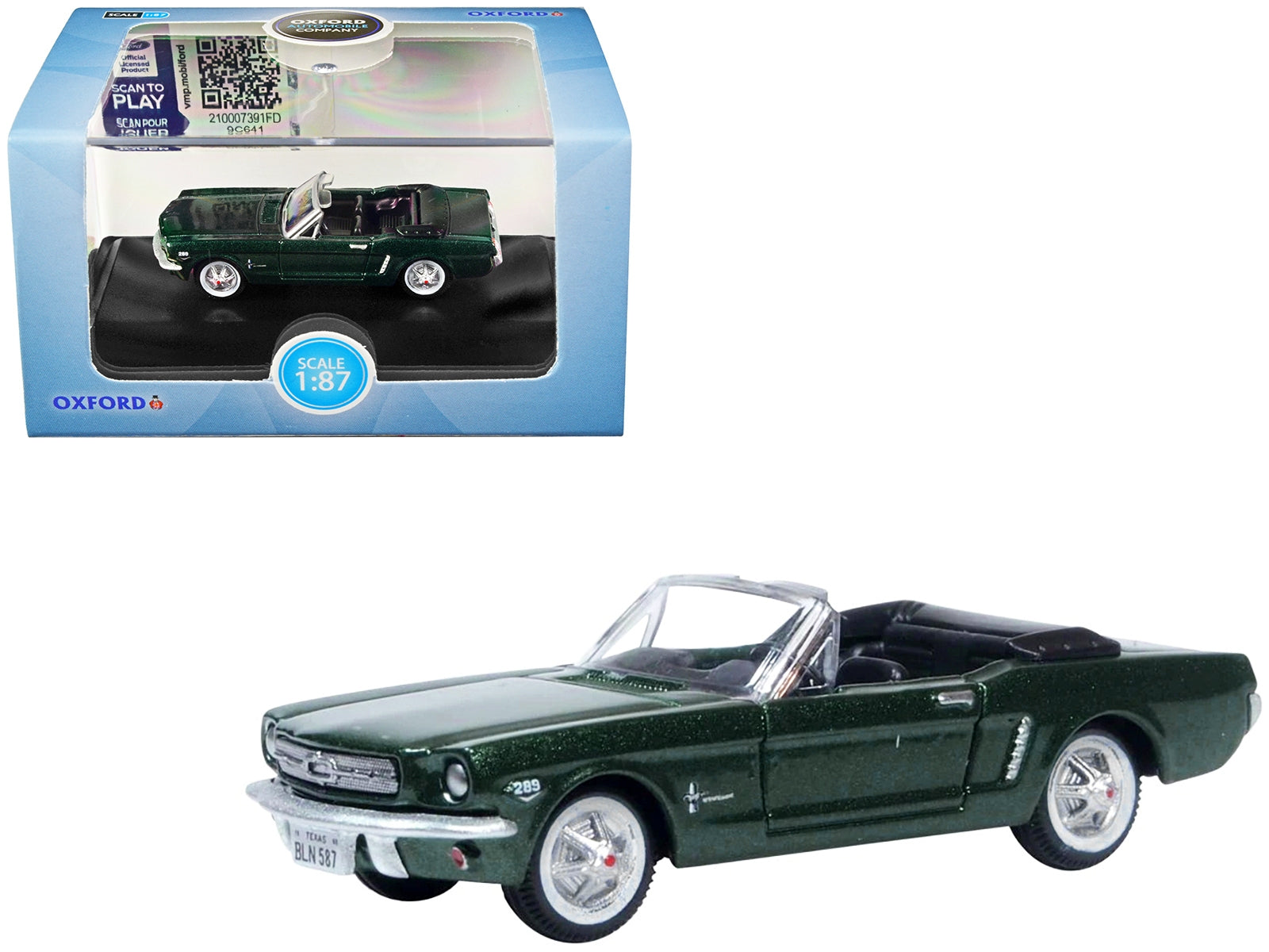 1965 Ford Mustang Convertible Ivy Green Metallic 1/87 (HO) Scale Diecast Model Car by Oxford Diecast Oxford Diecast