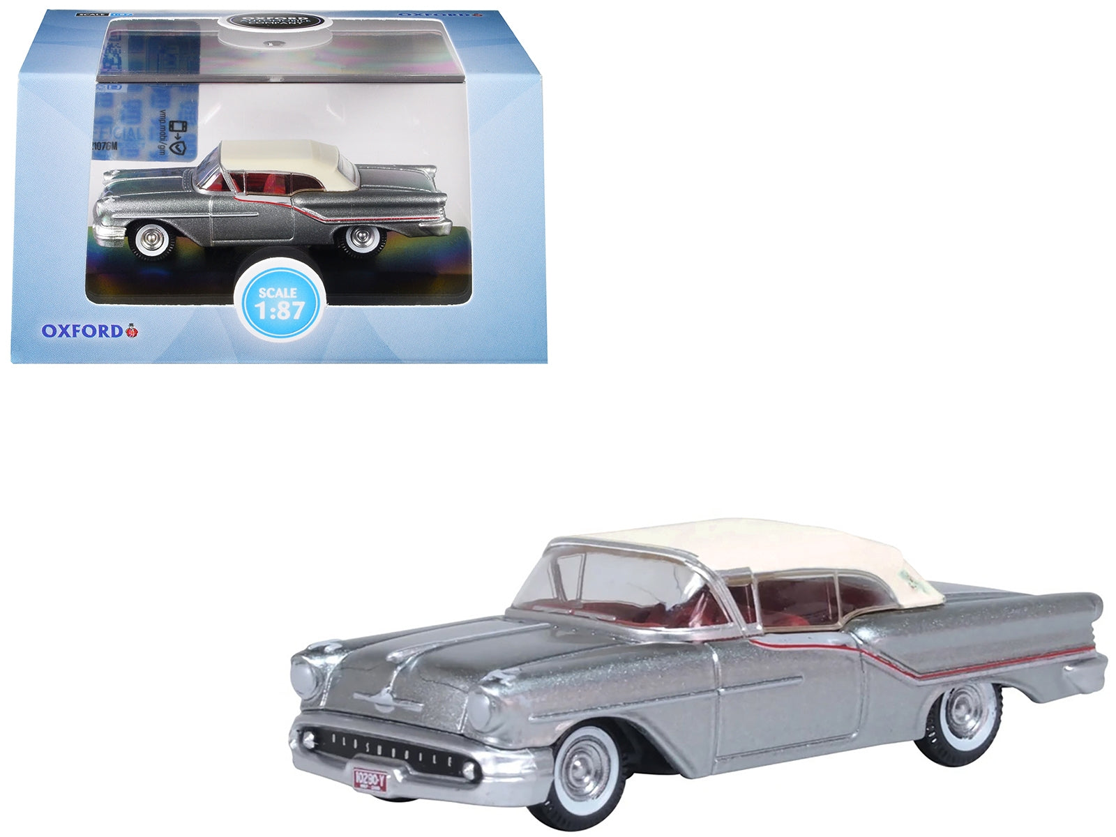 1957 Oldsmobile 88 Convertible (Top-Up) Juneau Gray with White Top and Red Interior 1/87 (HO) Scale Diecast Model Car by Oxford Diecast Oxford Diecast